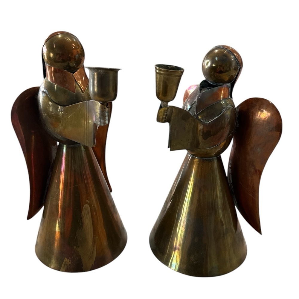 9" Pair Vintage Brass & Copper Angel Candleholders MCM Art Deco Christmas - Picture 2 of 11